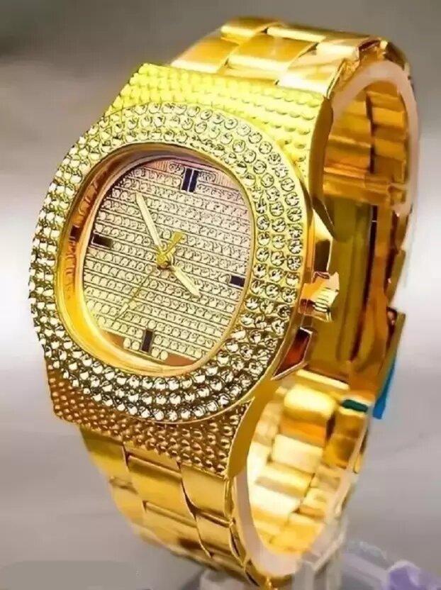 Golden stone-studded diamond men's wrist watch from Drpshippr with a sleek design, suitable for boys and men in the men's collection.