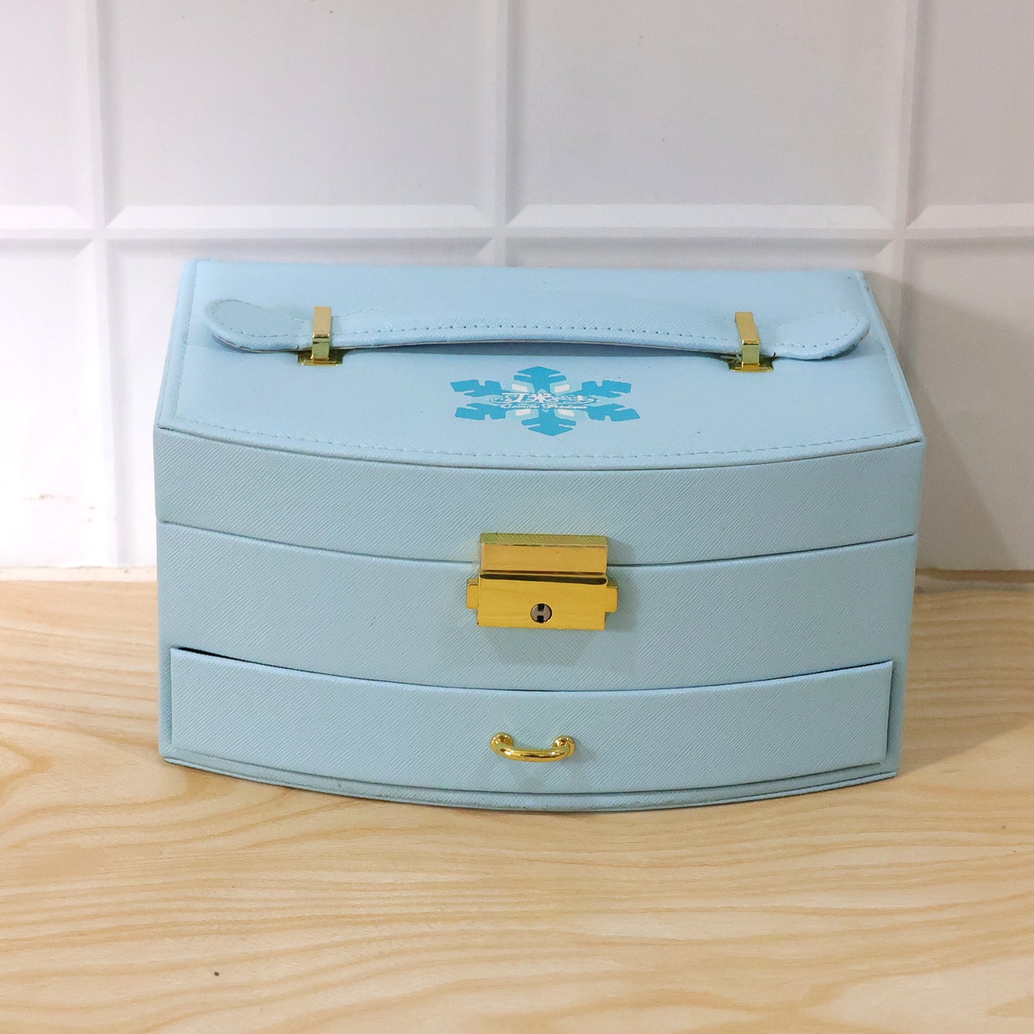 Wukusy premium multi-layer jewelry storage box with mirror, featuring compartments for necklaces, rings, and earrings.