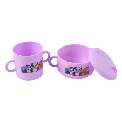 Children's Wukusy tableware dining set with colorful plates, bowls, and utensils for kids' mealtime in a home kitchen setting.