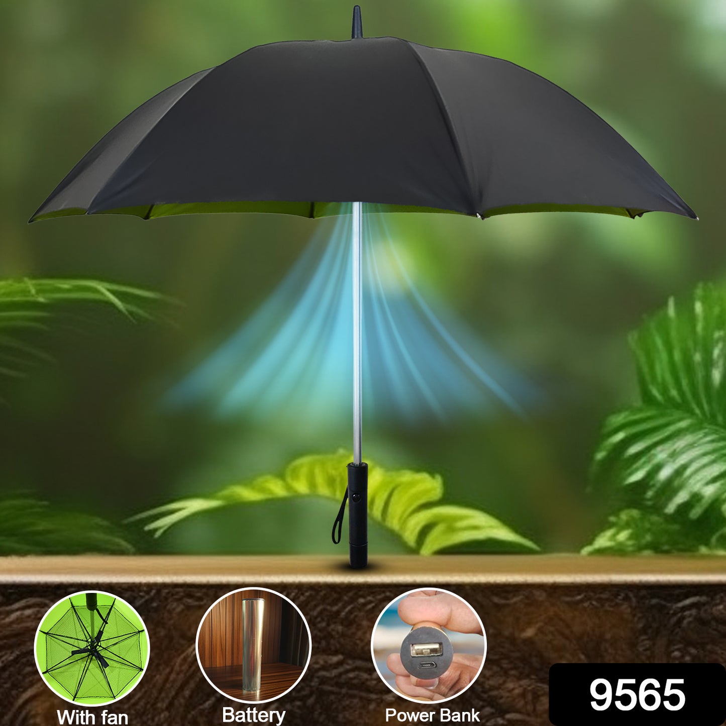 Wukusy sun umbrella with built-in inside fan and power bank, ideal for summer outdoor shade and cooling.