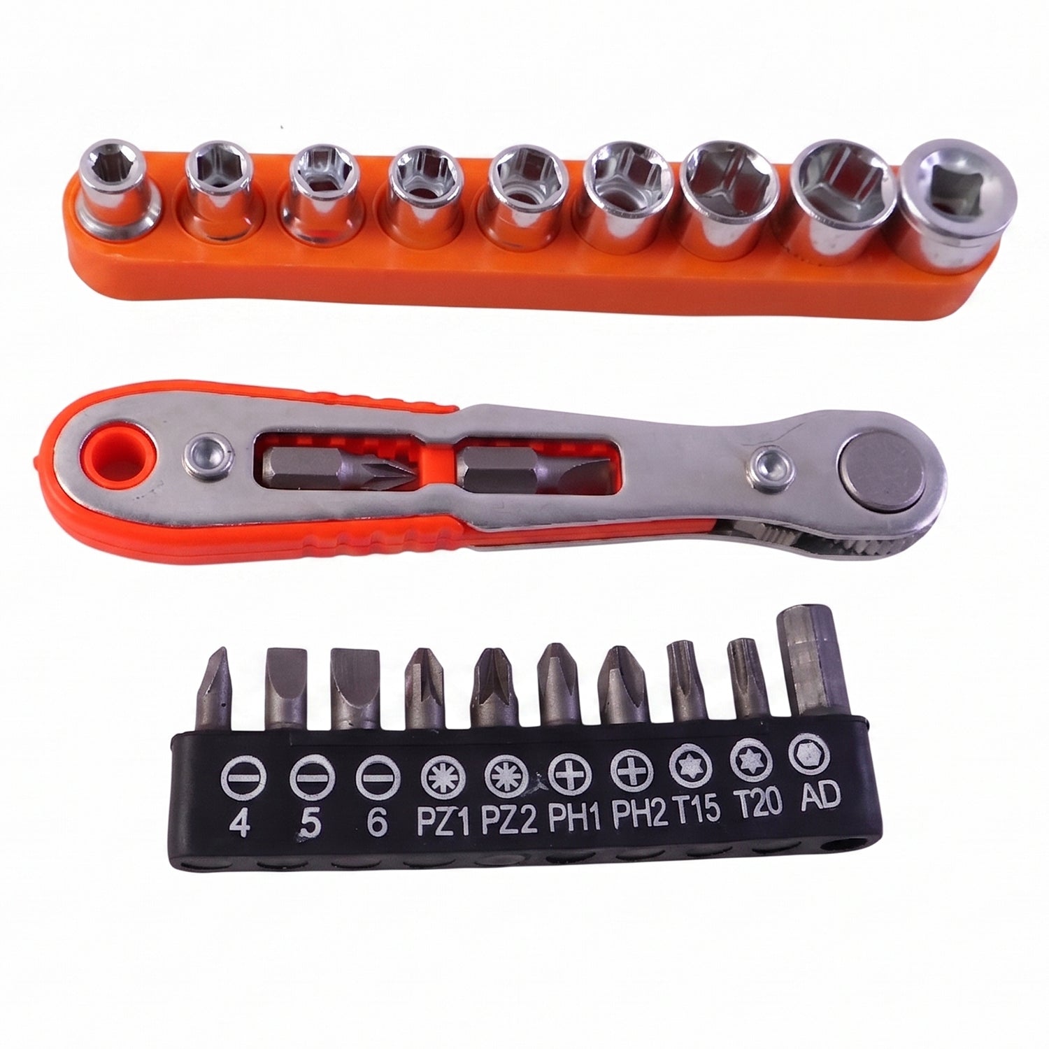 Wukusy mini ratchet wrench compact repair tool kit with adjustable handle and versatile socket attachments on a workbench.