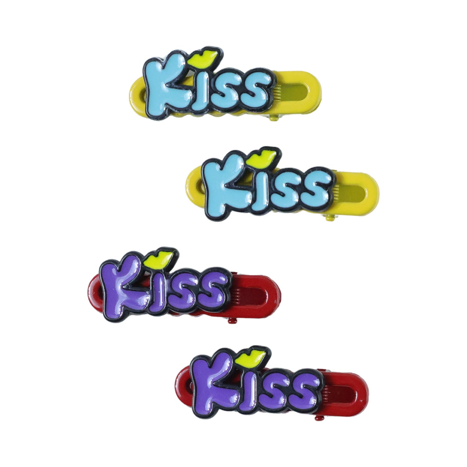 Set of four decorative hair clips with kiss design in gold and silver, perfect for accessorizing hairstyles by Wukusy.