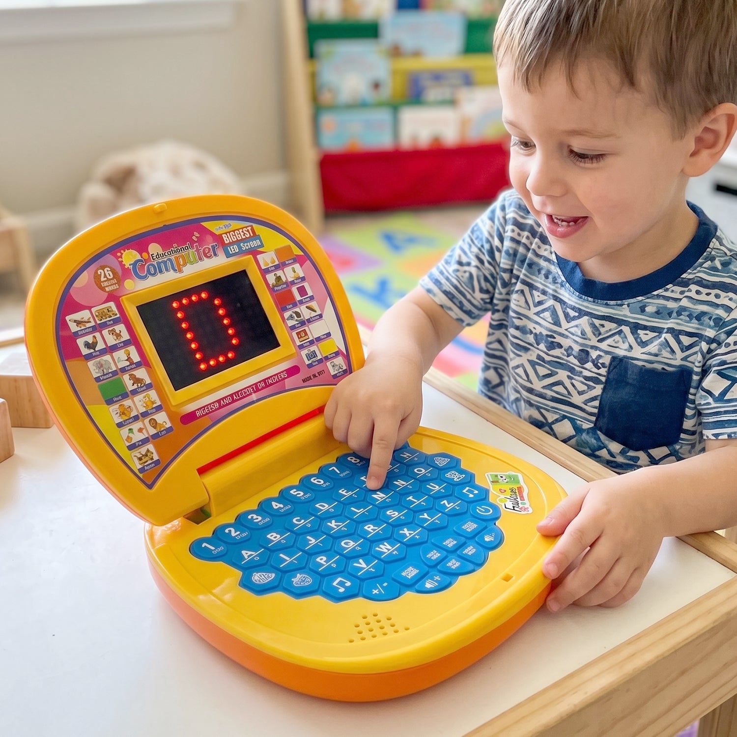 Wukusy kids educational laptop toy displaying colorful number and alphabet keys, with musical function for learning and fun.