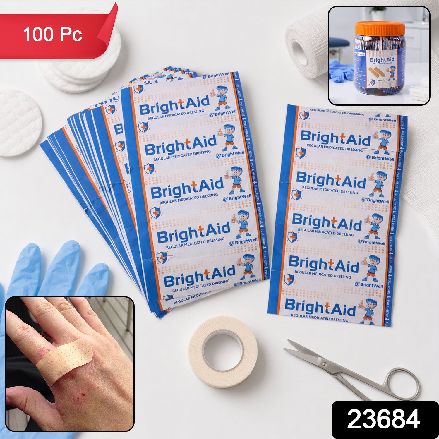 Wukusy Brightaid regular adhesive bandages with medicated wound dressing strips, 100-pack for minor cuts and scrapes