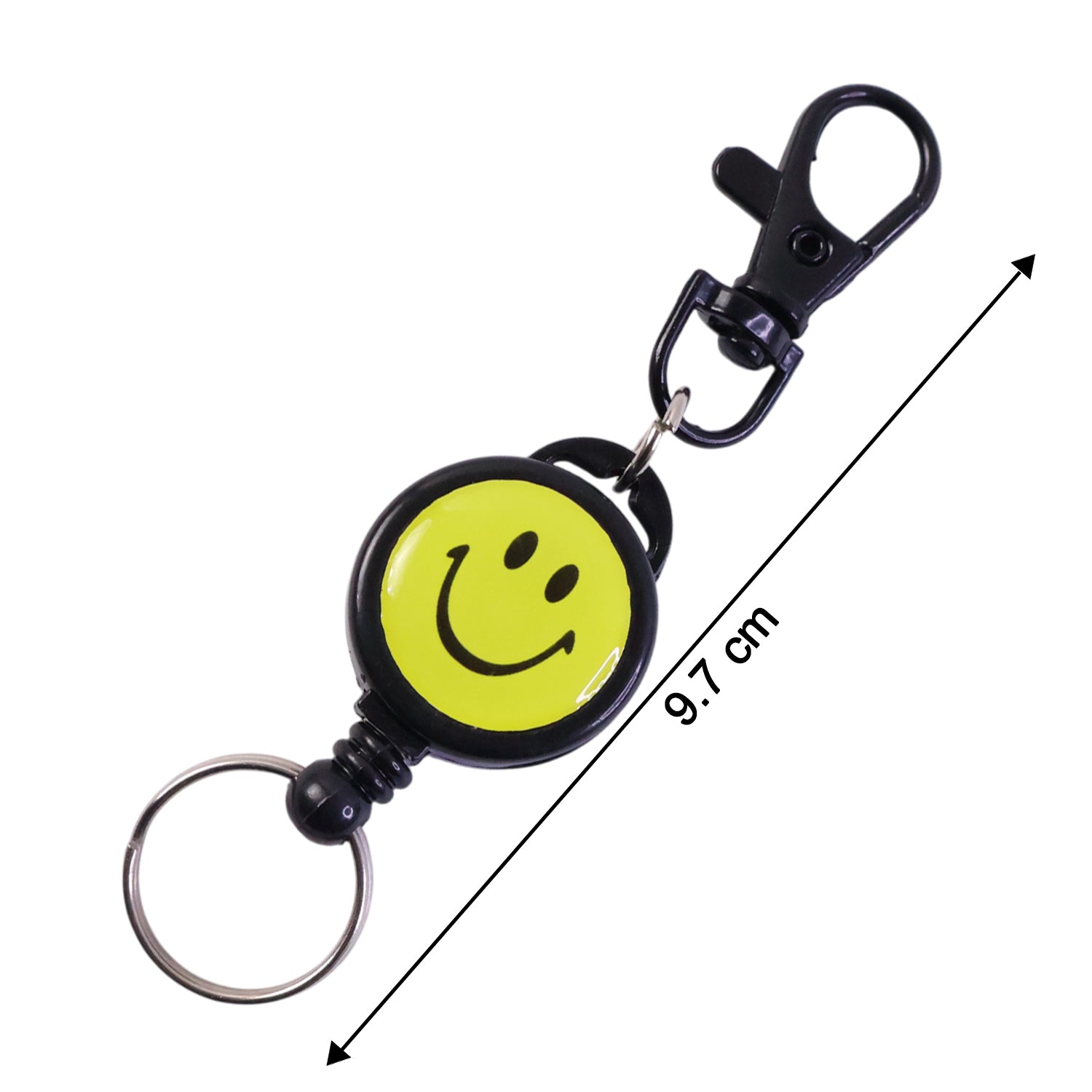 Wukusy smiley face retractable keychain with cheerful yellow design and metal clip for easy key organization.