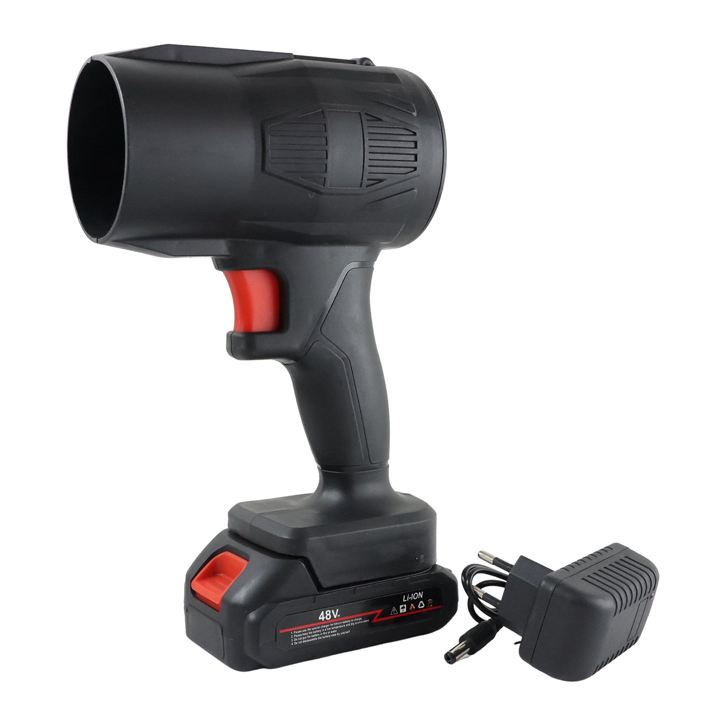 Wukusy high-power cordless leaf blower with rechargeable battery, showing the lightweight fan and handle in use