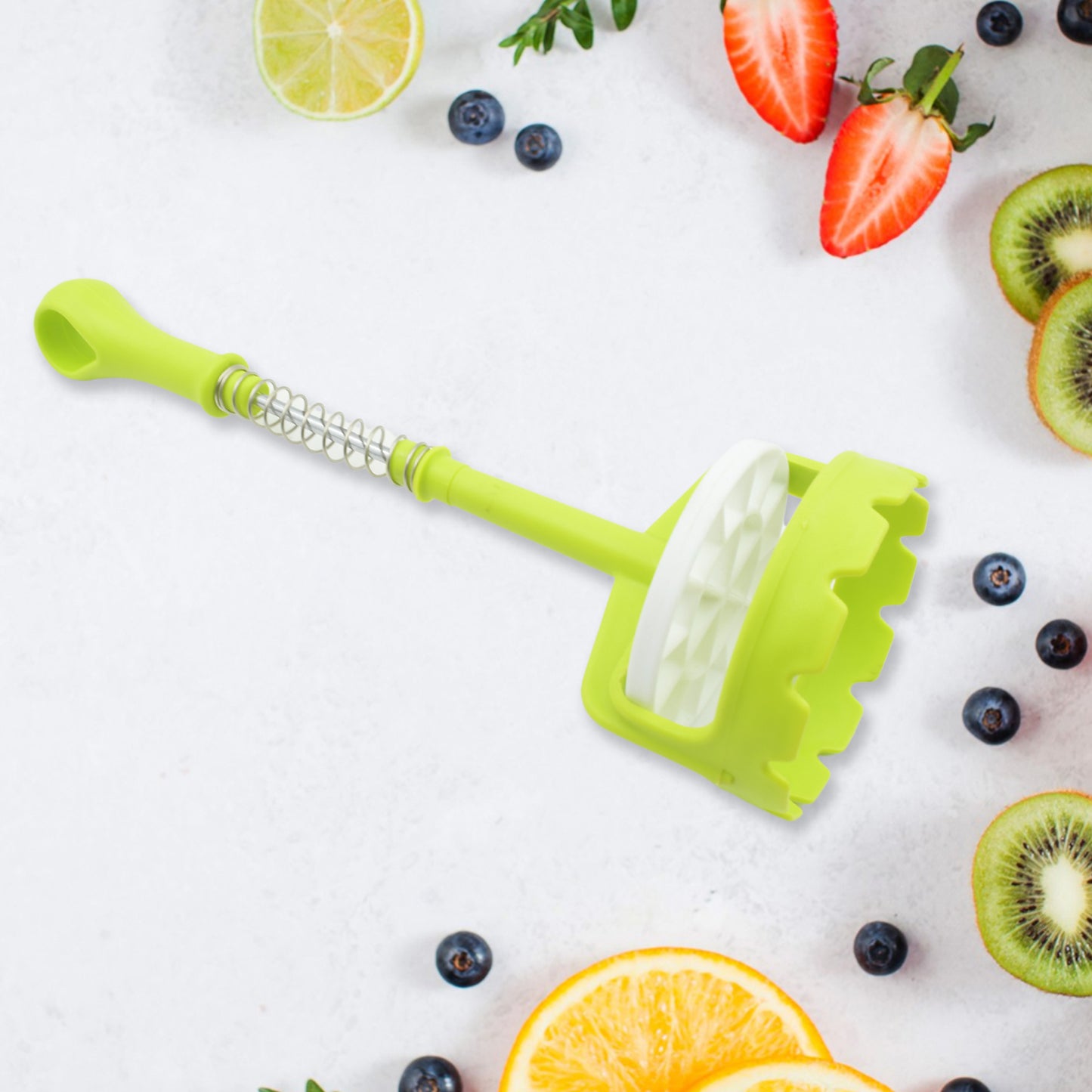 Wukusy multi-functional plastic mashed potatoes masher with comfort grip and stainless-steel spring, ideal for nonstick pans.