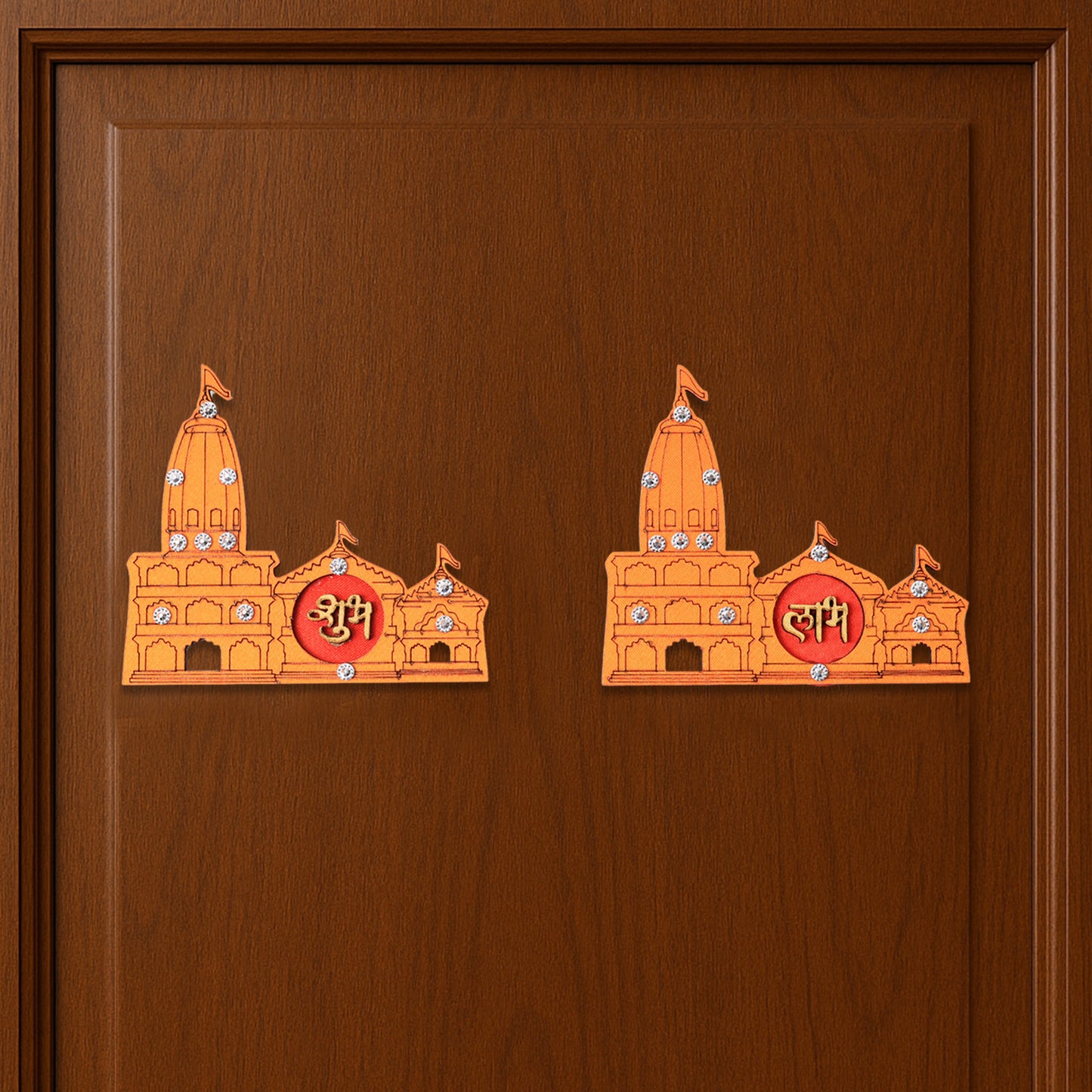 Two decorative wall stickers of Shubh Labh Ram Temple Mandir design by Wukusy for home decor, ideal for enhancing wall aesthetics.