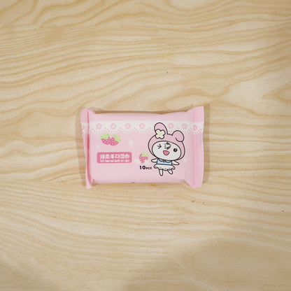 Cartoon printed soft wet wipes pack by Wukusy with 10 moist wipe sheets in a colorful packaging.