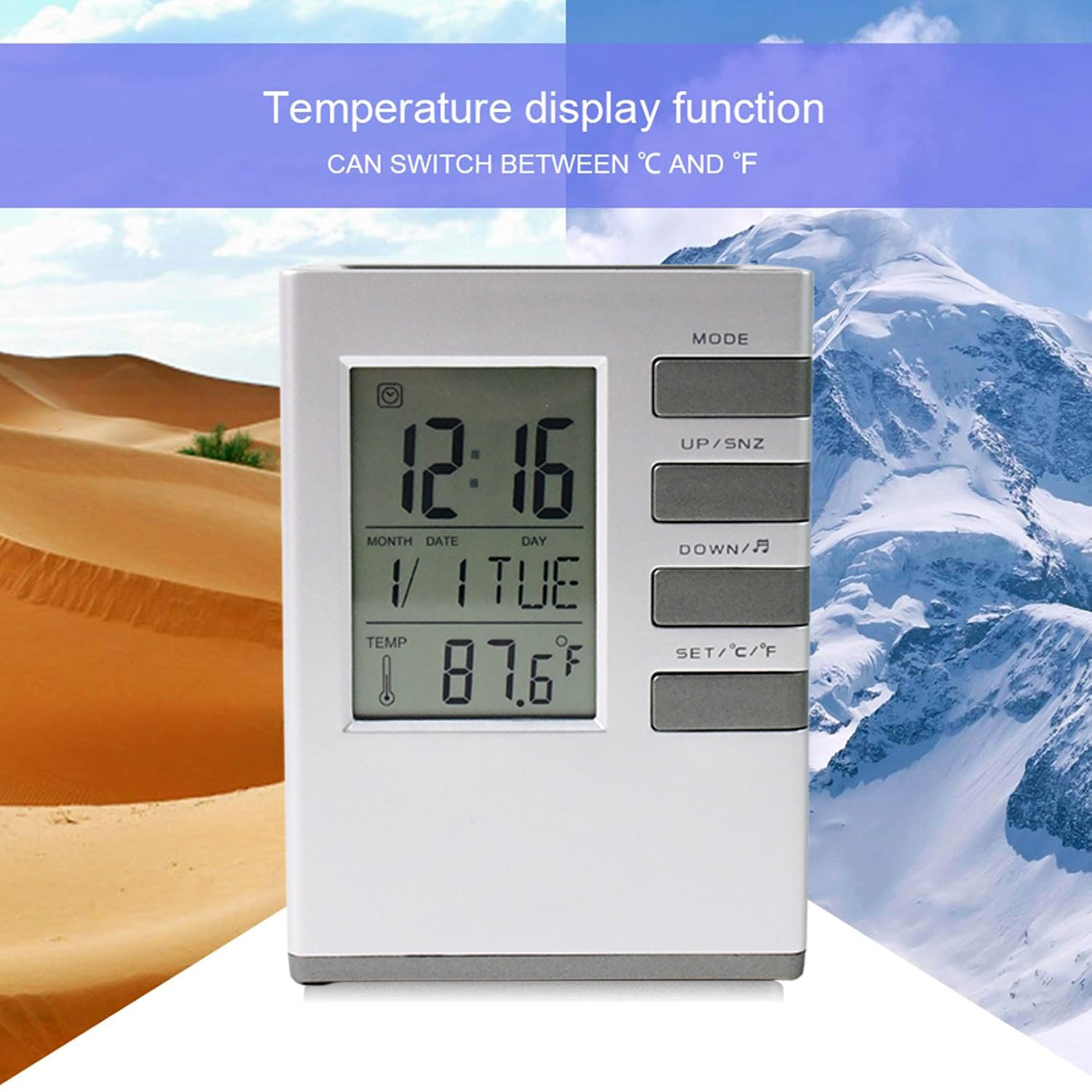 Wukusy multifunction cube digital desk clock with pen holder on office desk, showing time display and organized workspace.