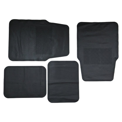 Wukusy heavy-duty anti-slip rubber car foot mat set, four durable black mats with textured surface for secure footing in vehicle interior.