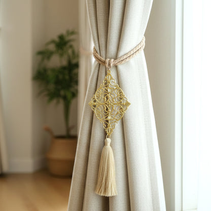 Decorative Wukusy curtain tieback tassel with intricate knot and fringe, perfect for elegant window treatments.
