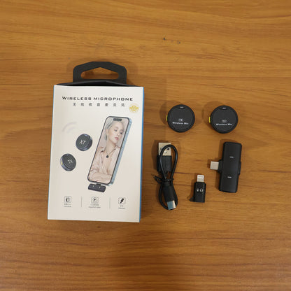 Wukusy portable wireless lavalier microphone set with dual clip-on microphones, ideal for recording and broadcasting.