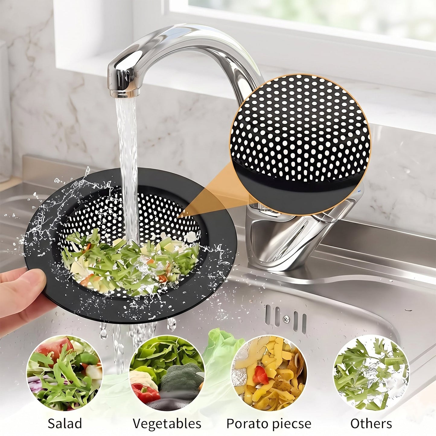 Wukusy metal sink drain mesh strainer filter basket for kitchen, food catcher to prevent clogs in the sink.