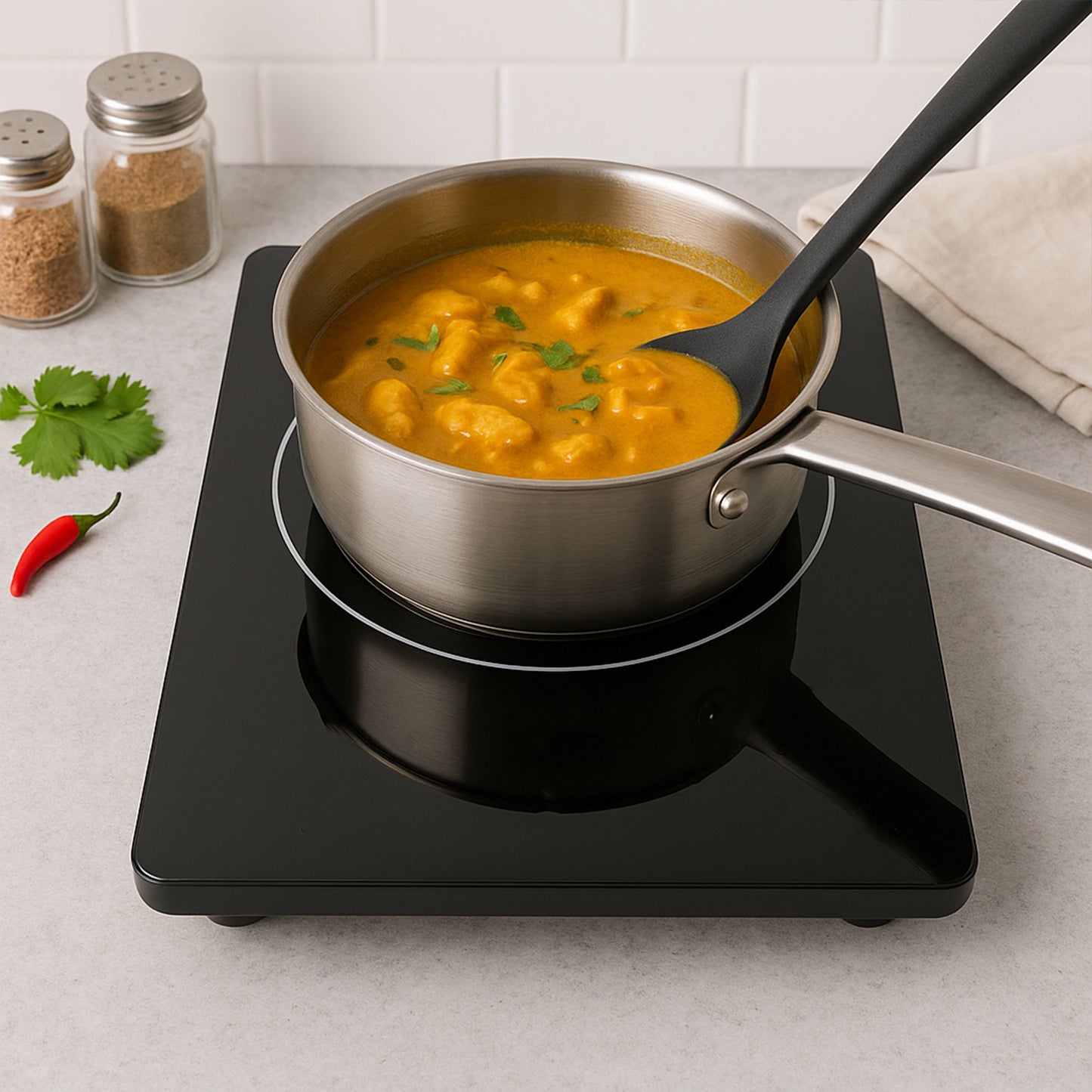 Wukusy Orbit Touch Control and Multiple Cooking Induction Cooker with 2000W power, featuring a sleek black surface and control panel