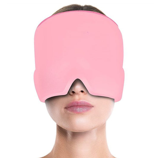 Wukusy headache relief hat with cooling migraine mask, soft head wrap for tension, sinus pain, and stress relief, worn on head.