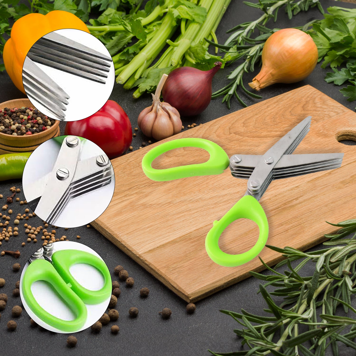 Wukusy premium 5-blade multipurpose herb scissors with stainless steel blades for kitchen herb chopping and food prep.