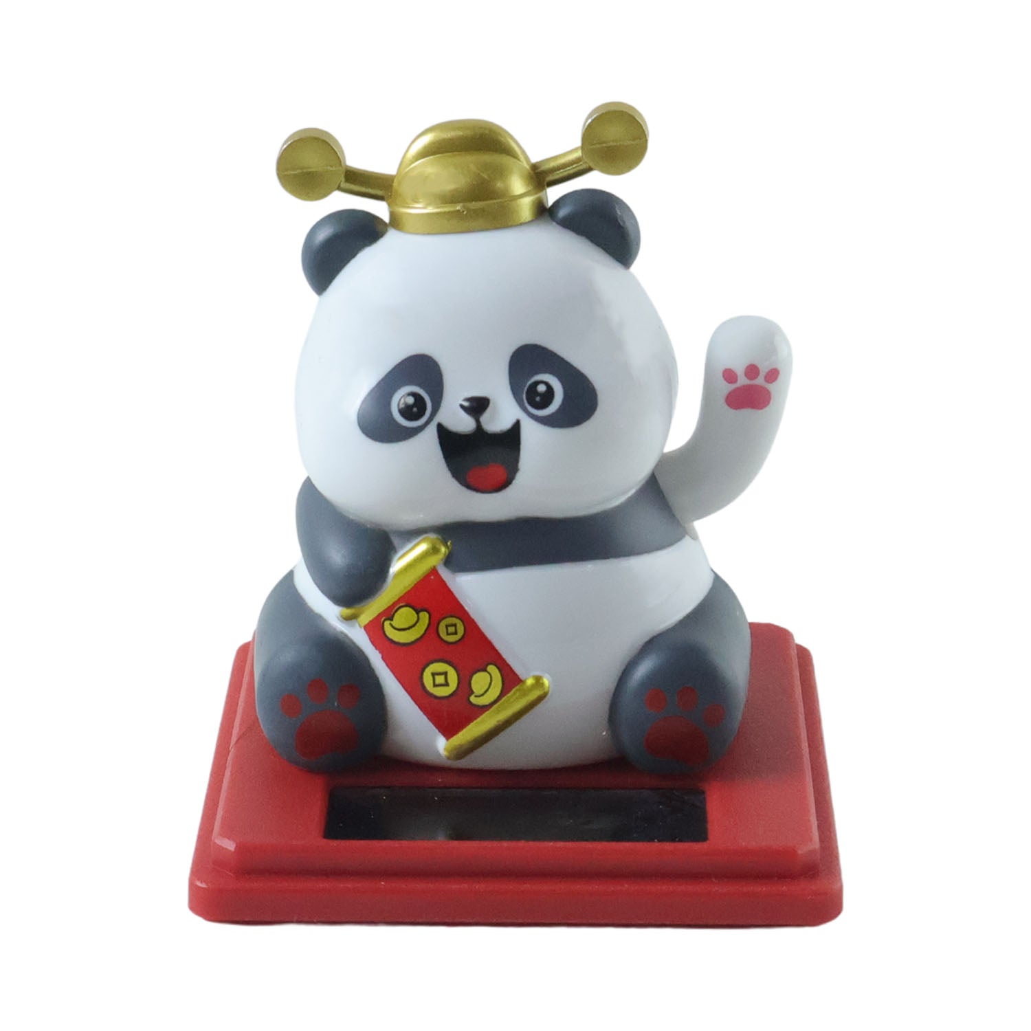 Solar powered moving hand panda showpiece by Wukusy, featuring a cute panda with moving hands, ideal as a decorative desk ornament.
