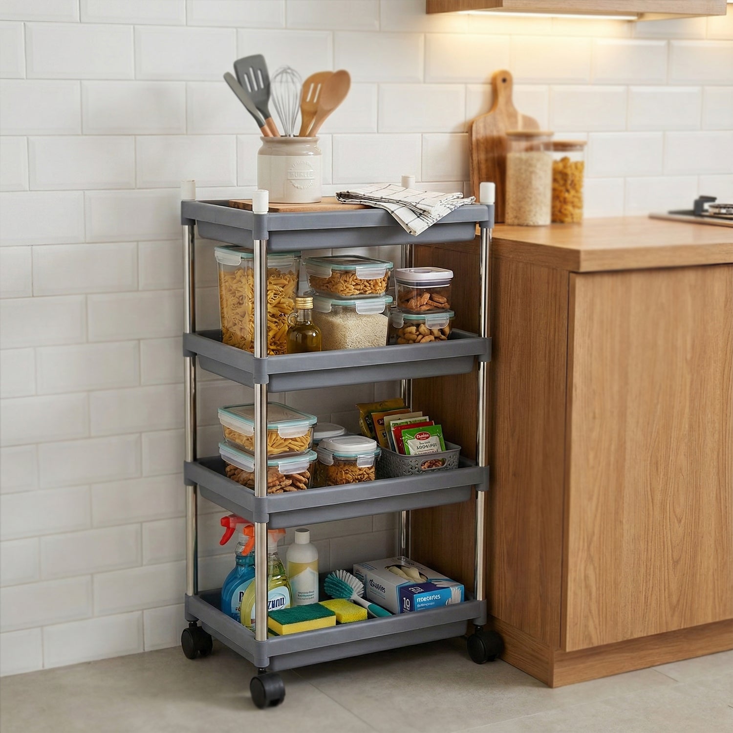 Wukusy 4-layer rolling storage cart with wheels, compact home and kitchen organization solution with durable plastic shelves.