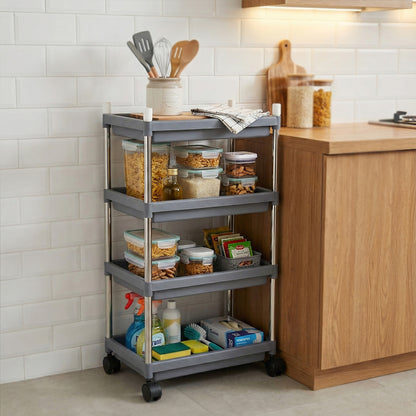 Wukusy 4-layer rolling storage cart with wheels, compact home and kitchen organization solution with durable plastic shelves.