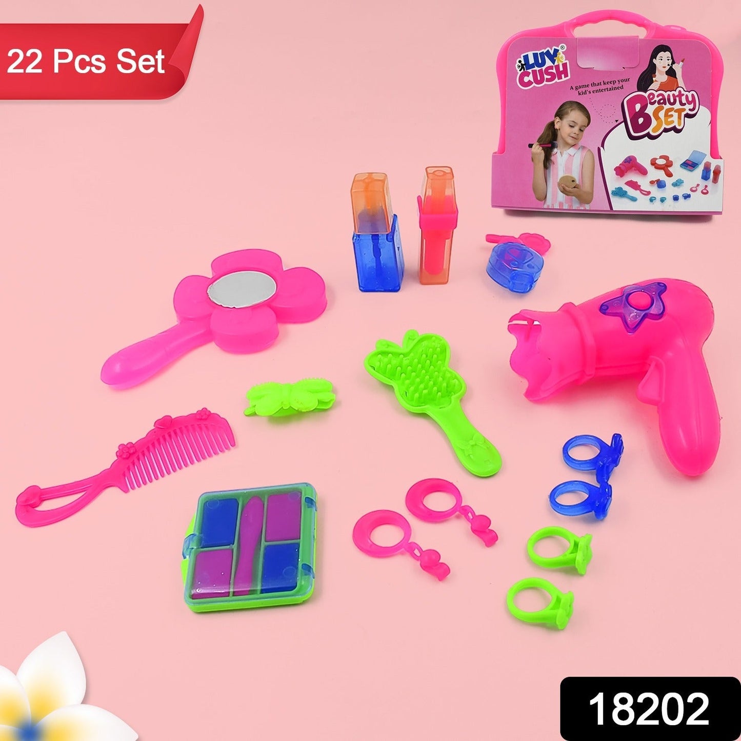 Wukusy Briefcase Beauty Toy Set with approximately 22 colorful play makeup and grooming accessories for kids.