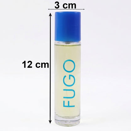 Wukusy Fugo Eau De Parfum spray bottle, 30ml, sleek design with transparent glass and silver cap, on a neutral background.