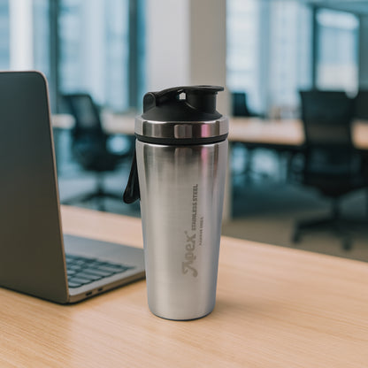 Wukusy Apex stainless steel gym shaker bottle with spring, 1000ml capacity, featuring a secure lid and mixing spring for smoothies and protein shakes.