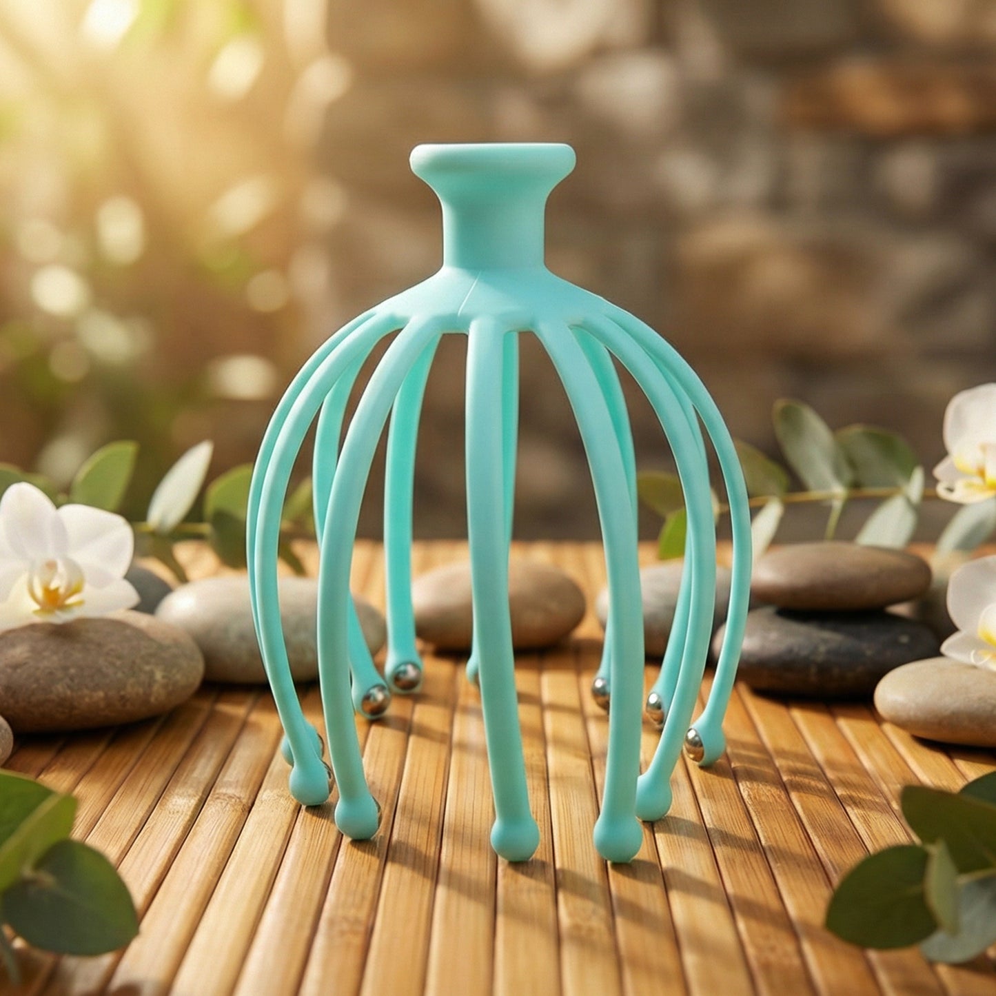 Wukusy manual scalp massager for stress relief, showing a handheld device with flexible silicone bristles used on the scalp.
