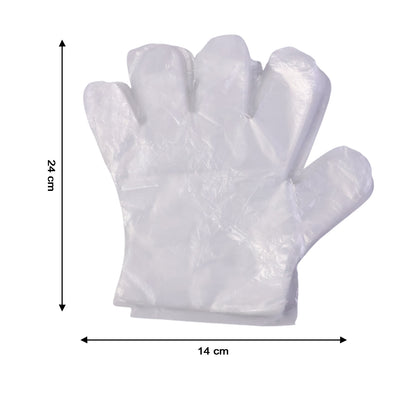 Disposable transparent plastic gloves by Wukusy, showing a pack of 100 clear gloves laid out on a surface.