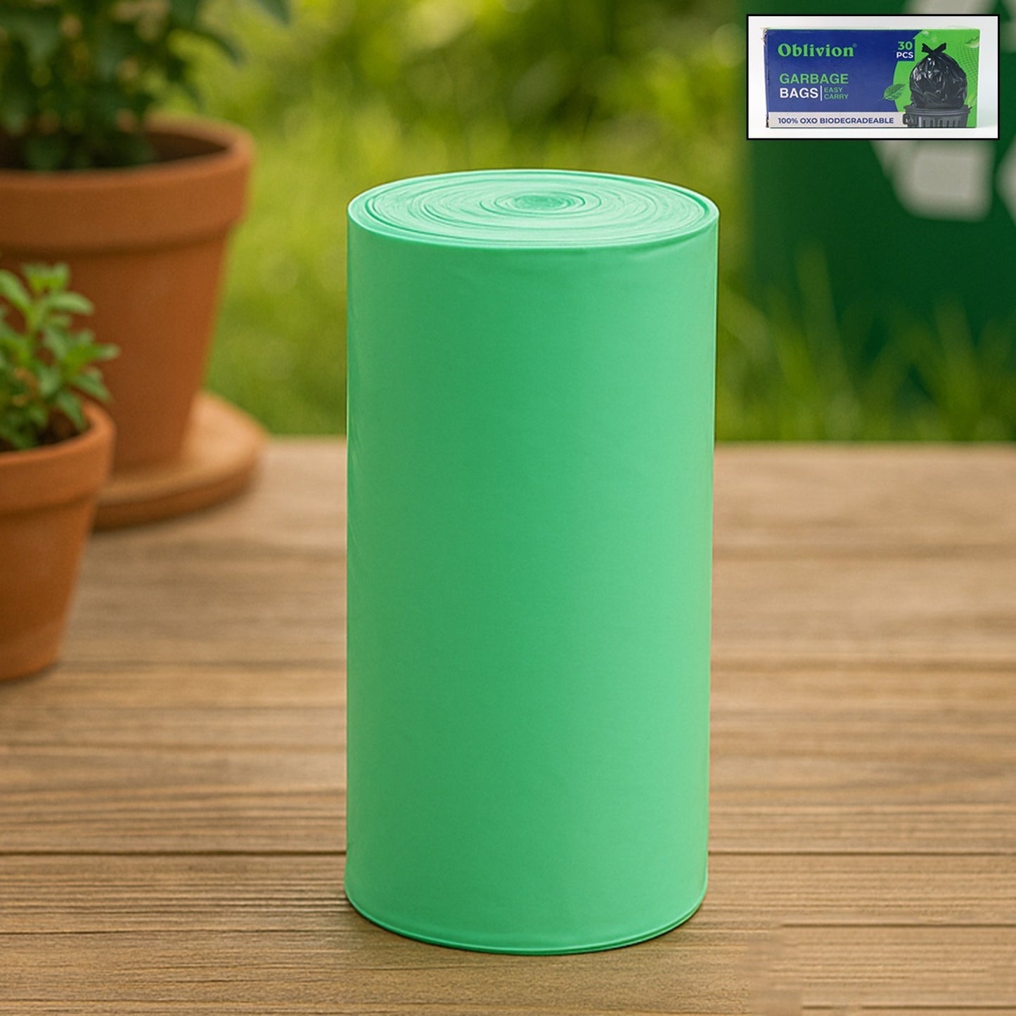 Green Wukusy compostable corn starch garbage bags, 17x19 inches, eco-friendly home improvement waste disposal solution.