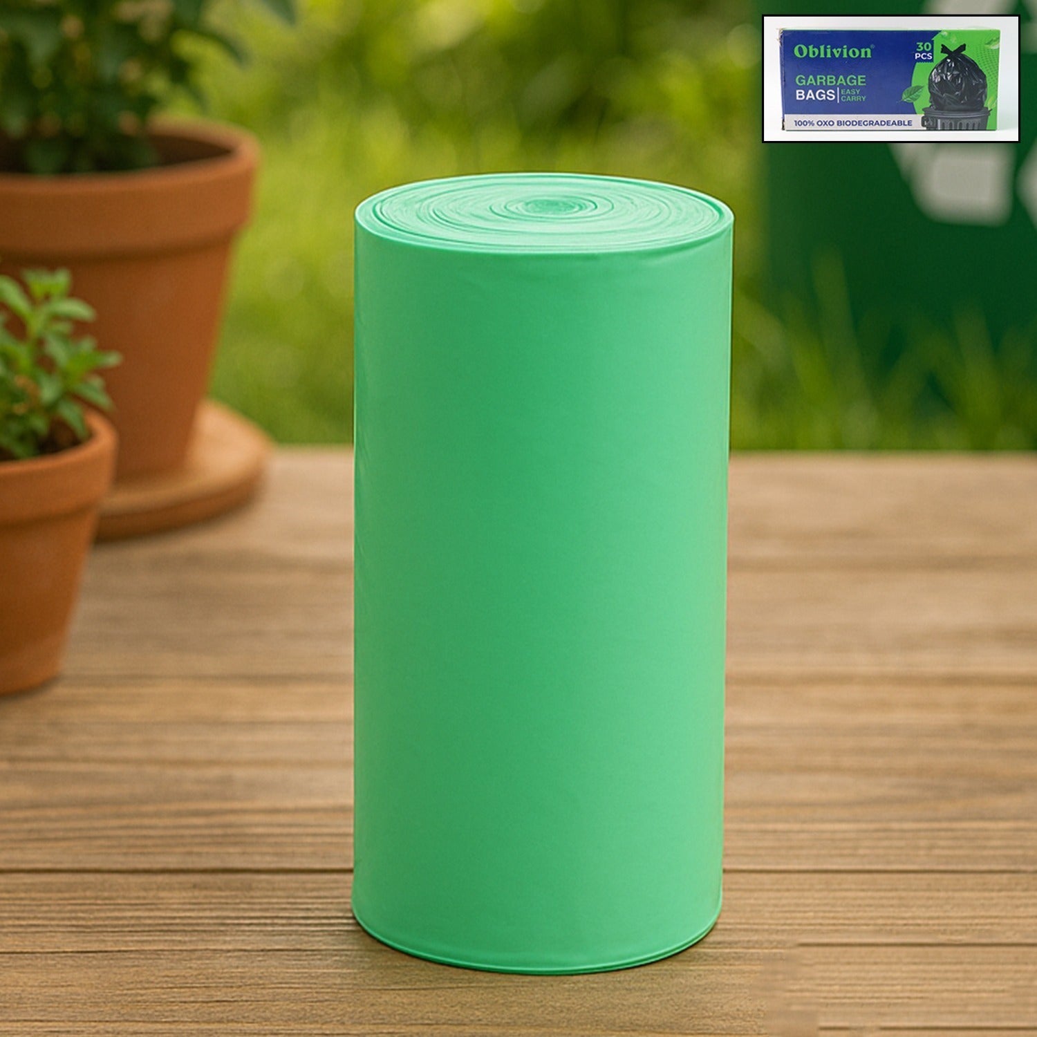 Green Wukusy compostable corn starch garbage bags, 17x19 inches, eco-friendly home improvement waste disposal solution.