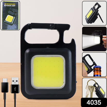 Wukusy 4035 rechargeable keychain mini flashlight with 4 light modes, folding bracket, bottle opener, and magnet base for travel and camping