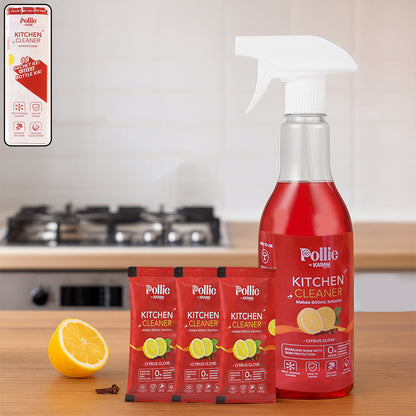 Wukusy Pollic Kadam concentrated kitchen surface cleaner refill kit with spray bottle, ideal for cleaning countertops and surfaces.