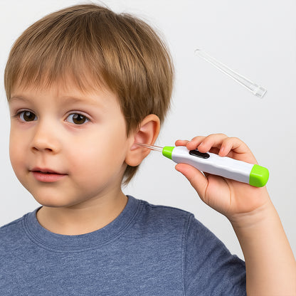 Wukusy 5-in-1 LED flashlight ear pick with interchangeable transparent ear wax removal heads and built-in light for safe cleaning.