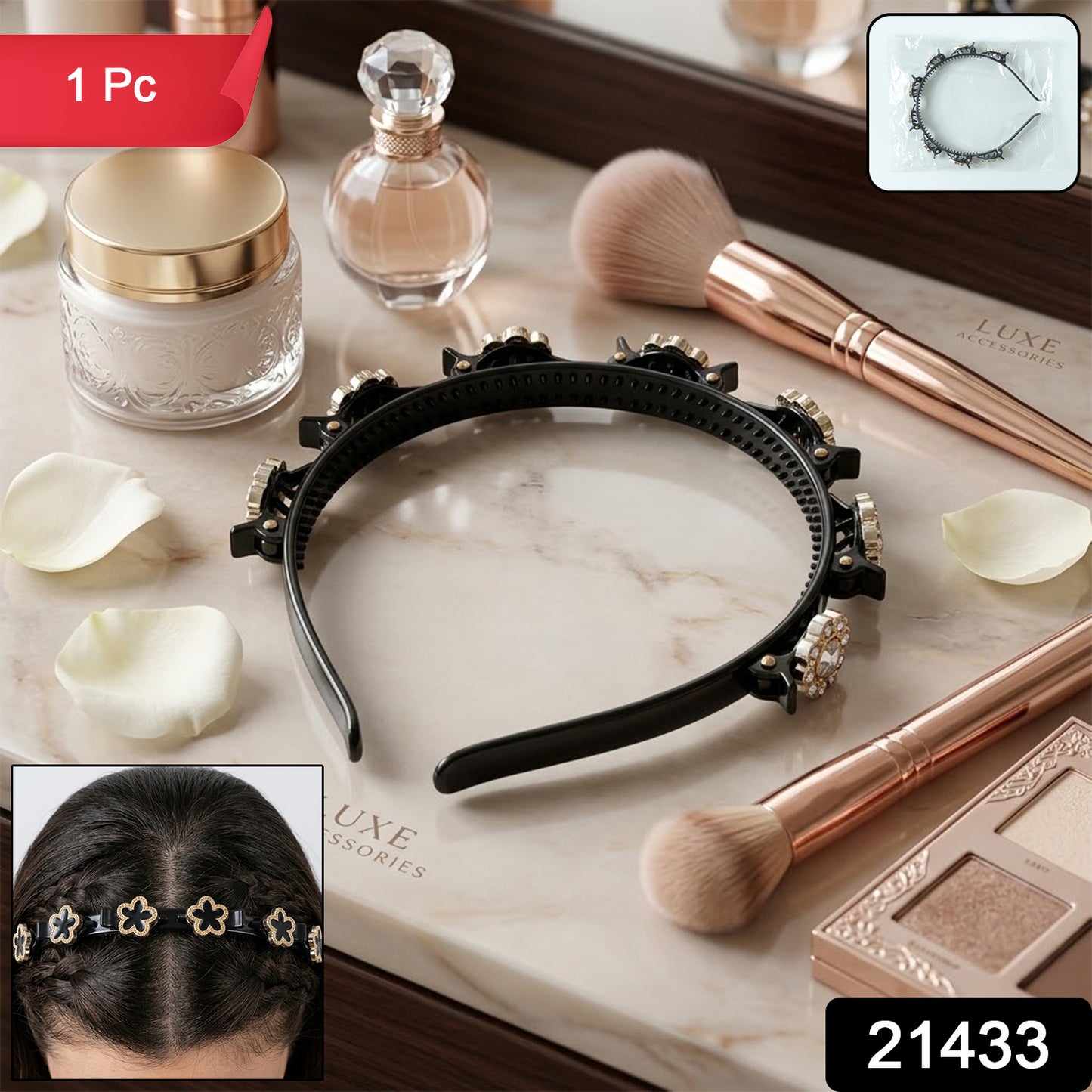 Wukusy premium decorative hair band with intricate design, styled on a mannequin head, perfect for adding elegance to hairstyles.