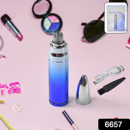 Electric nose hair trimmer for men and women by Wukusy, with ear and eyebrow grooming attachments in a compact design.