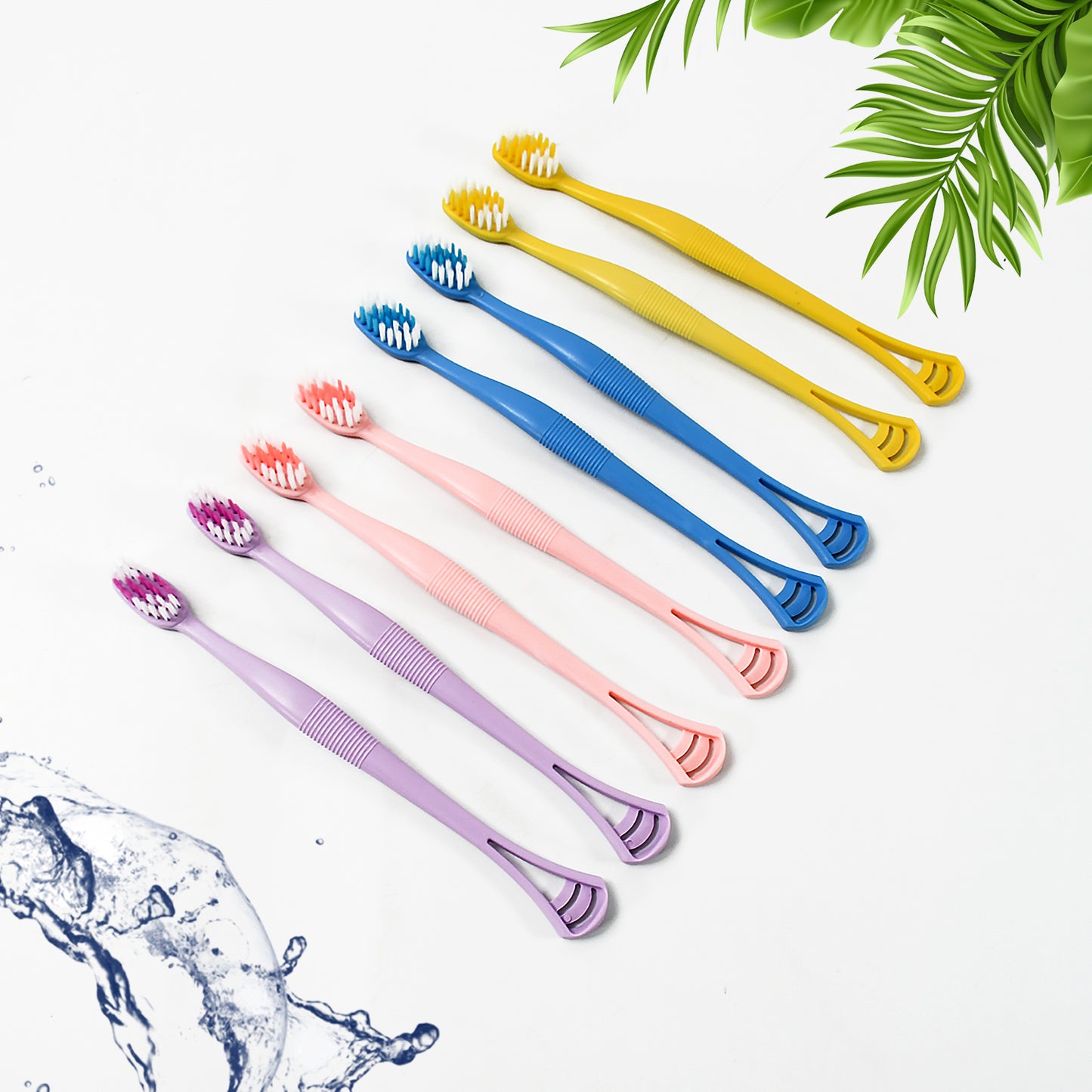 Wukusy 12814 2-in-1 soft bristle toothbrush with tongue scraper, long handle, 8-pack, ideal for gentle oral cleaning
