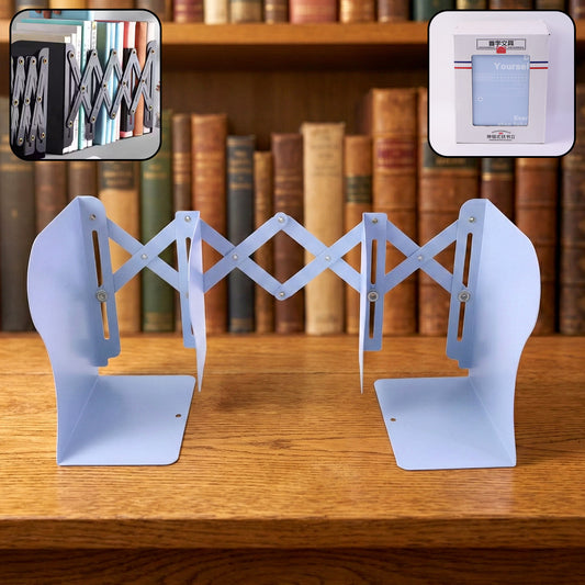 Wukusy adjustable expandable book organizer stand holding books and notebooks on a desk, black plastic with adjustable height