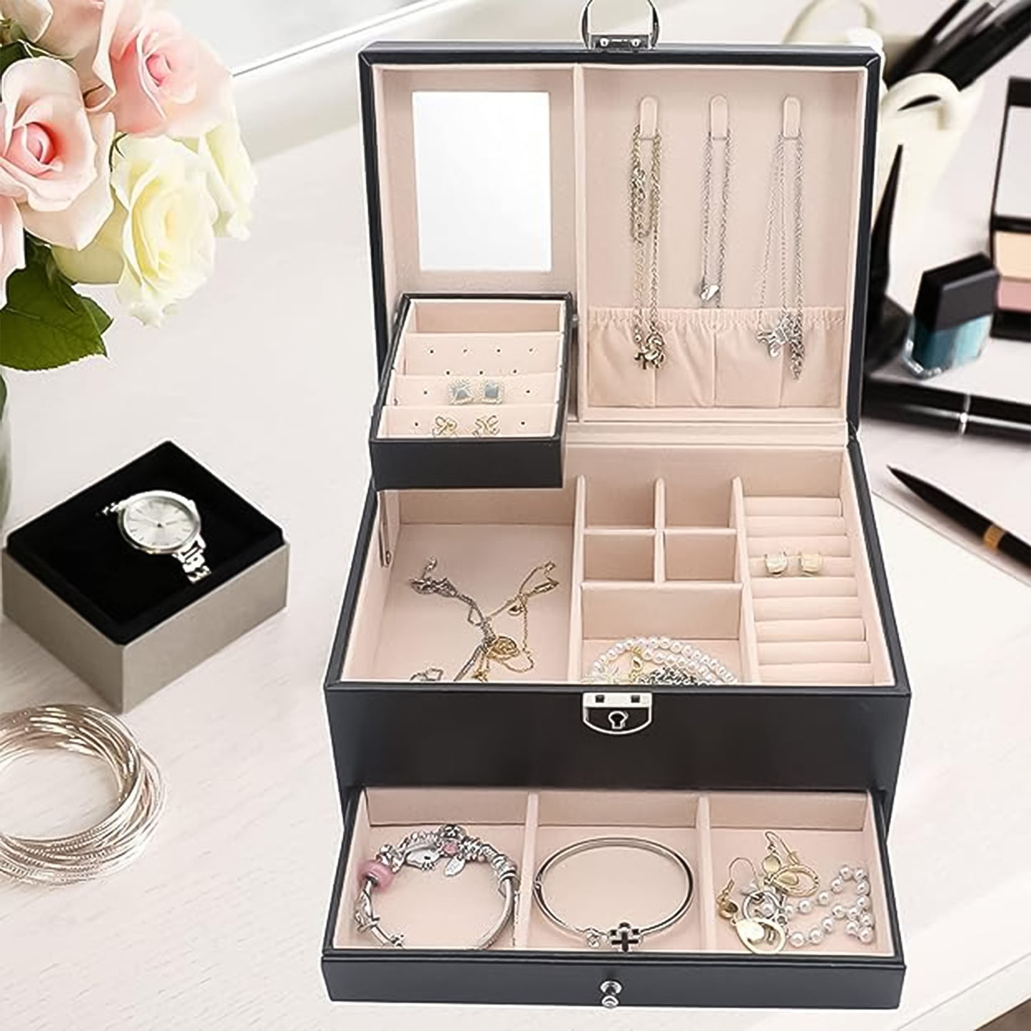 Wukusy multi-layer jewelry organizer box with compartments for rings, necklaces, and earrings, open showing organized jewelry storage