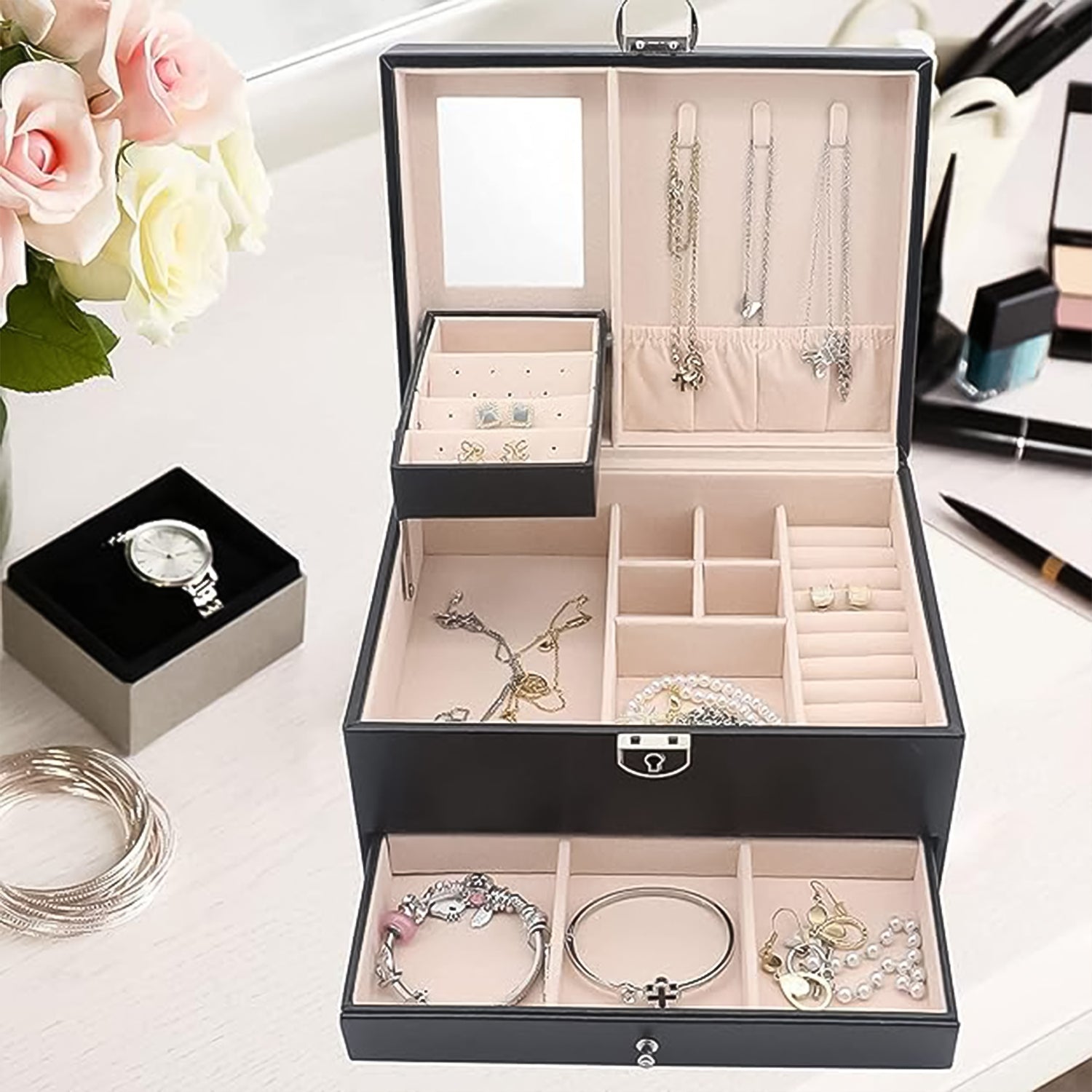 Wukusy multi-layer jewelry organizer box with compartments for rings, necklaces, and earrings, open showing organized jewelry storage