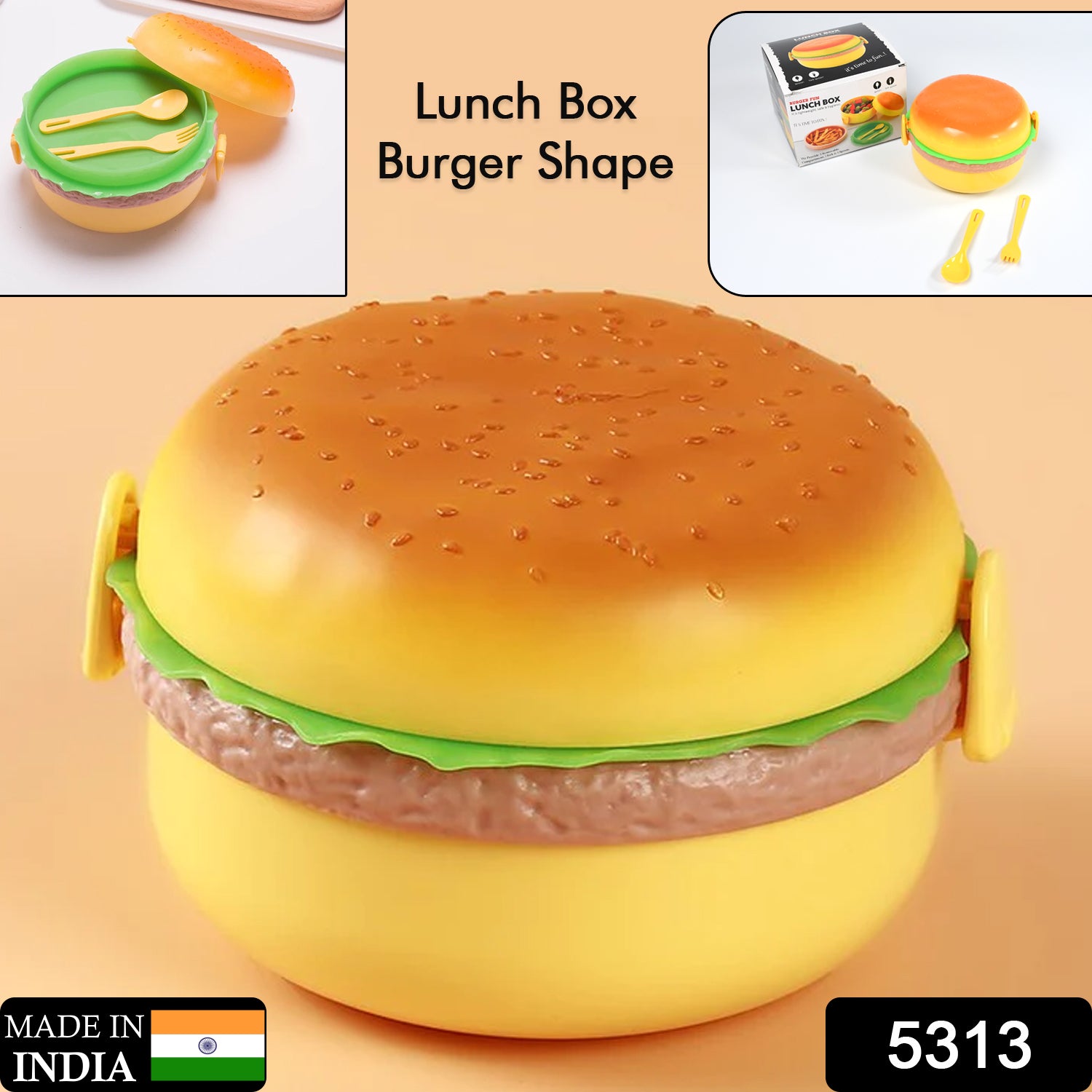 Wukusy burger shape plastic lunch box with double layers, 1000ml capacity, includes 2 spoons, suitable for kids and students.
