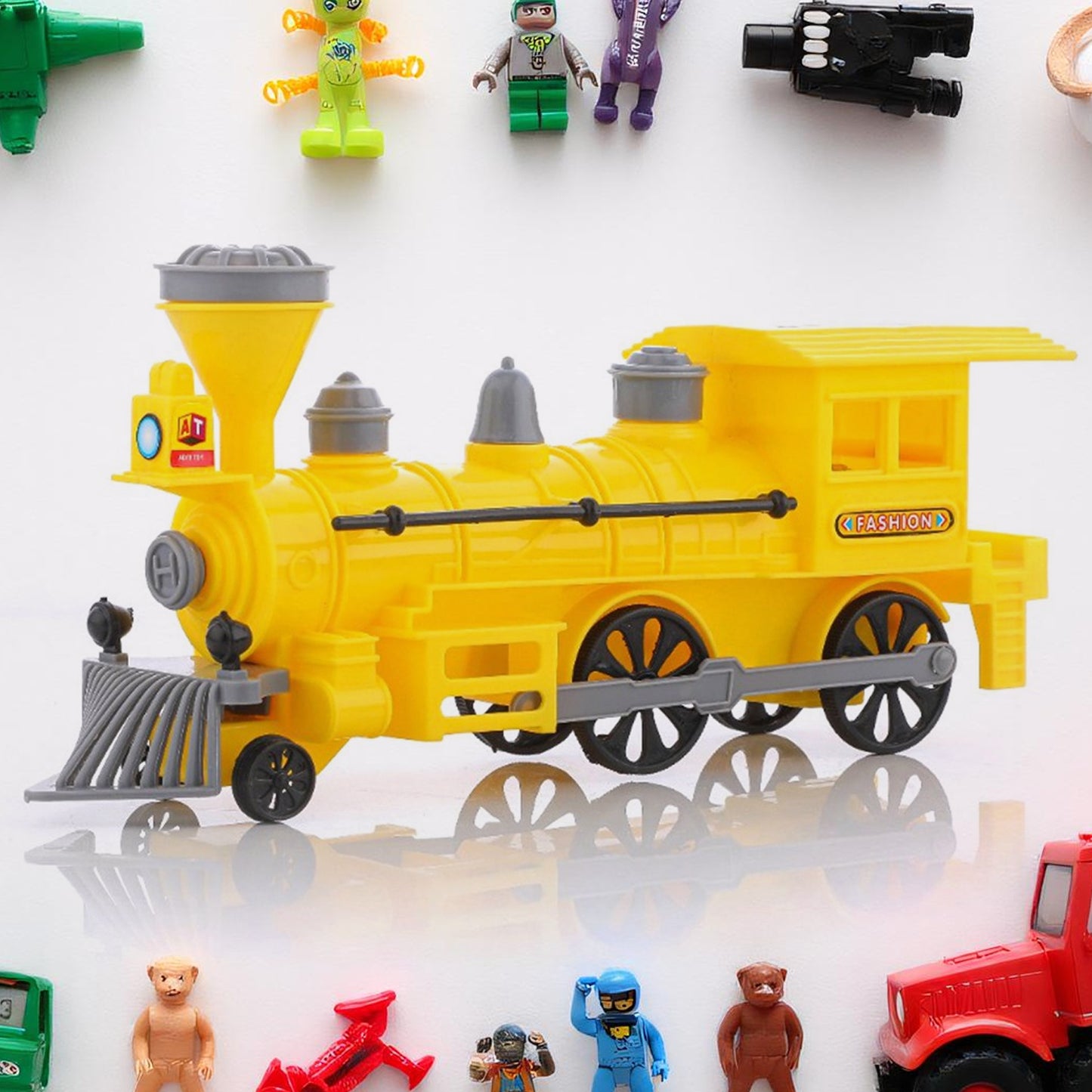 Colorful Wukusy pull and go plastic train toy with light and string, perfect for kids' play and imaginative train adventures.