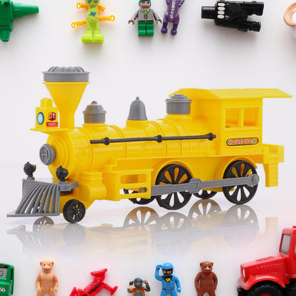 Colorful Wukusy pull and go plastic train toy with light and string, perfect for kids' play and imaginative train adventures.