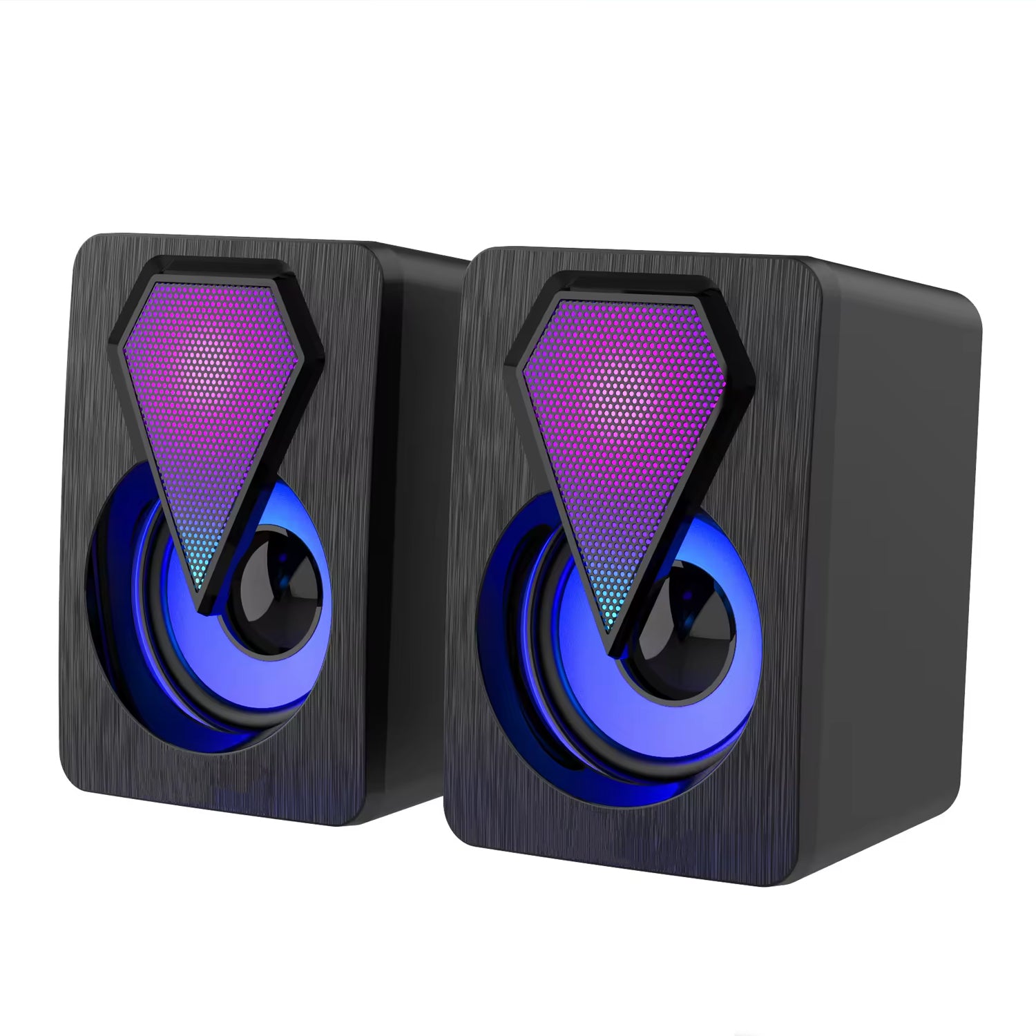 Wukusy RGB desktop speakers set with USB power, featuring vibrant lighting and compact design, ideal for computer audio.