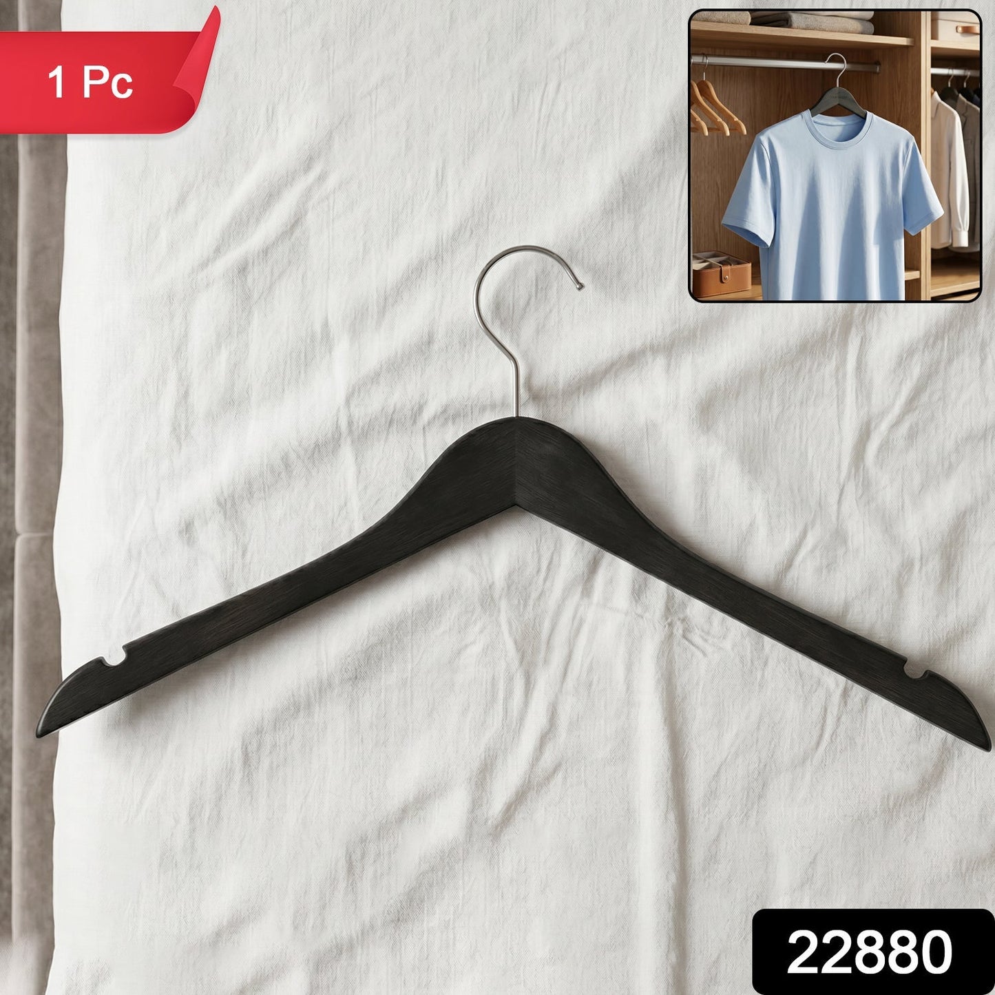 Wukusy premium cloth hanger with metal hook for shirts, coats, and tops, hanging in a wardrobe with clothes.