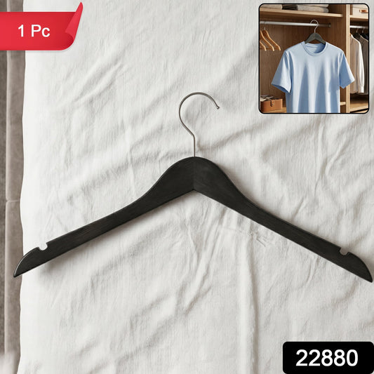 Wukusy premium cloth hanger with metal hook for shirts, coats, and tops, hanging in a wardrobe with clothes.