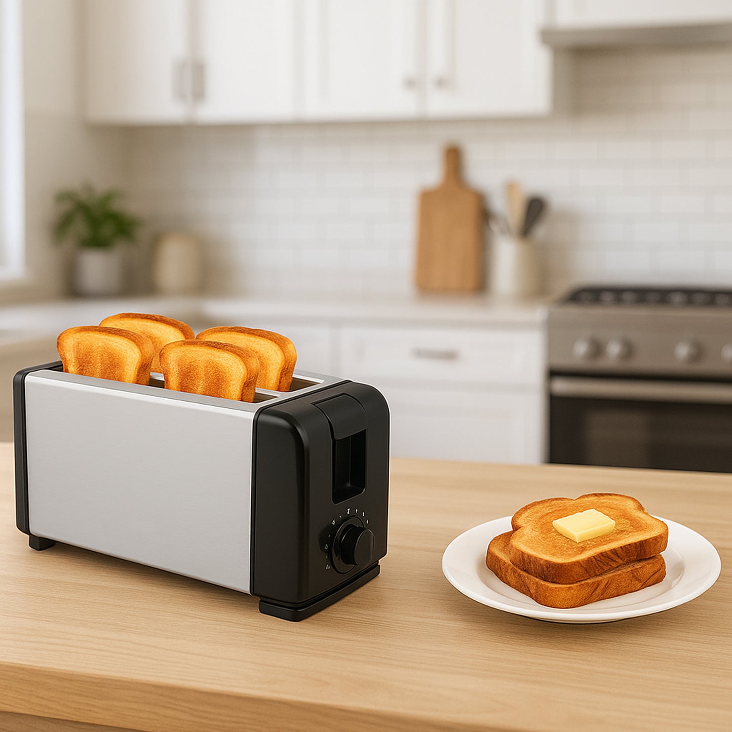 Wukusy Orbit adjustable pop-up toaster with 1200W power, featuring stainless steel finish and control dials for toasting bread.