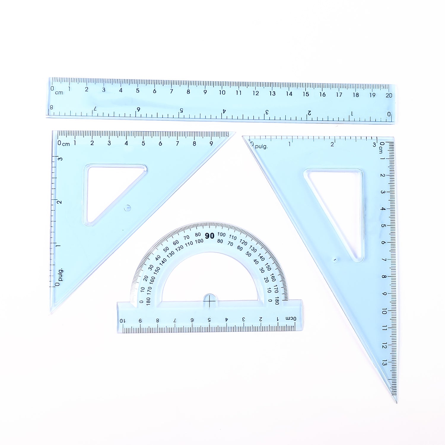 Wukusy 4-piece transparent geometry instrument set with rulers, including compasses, protractors, and straight rulers, for office or school use.