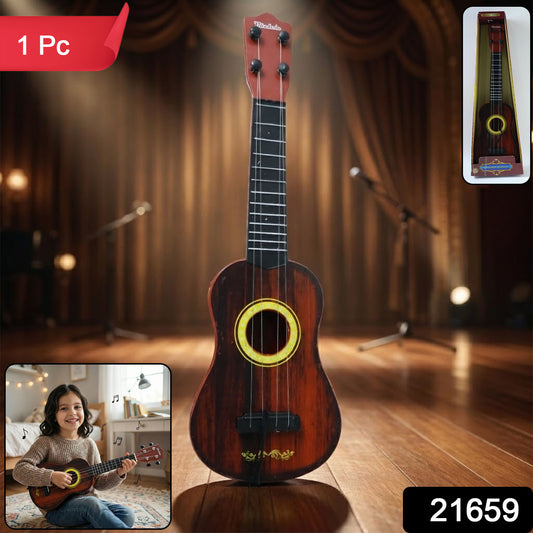 Wukusy classic wooden ukulele guitar for kids, beginner-friendly, shown with four strings and small body for young players.