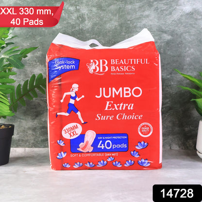 Wukusy Beautiful Basics Jumbo Extra Sure Choice XL sanitary pads, 330mm, 40-pack, designed for reliable feminine health care.